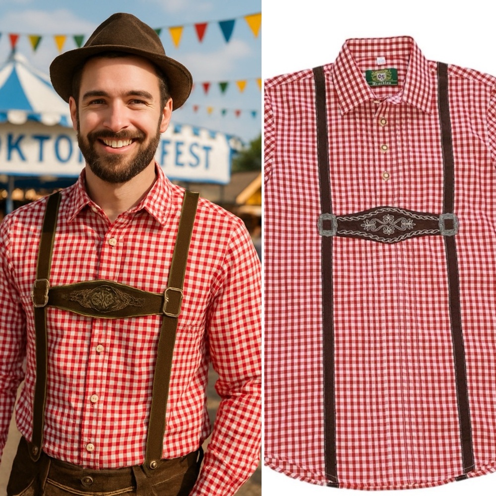 Trachten Men’s Red Gingham Oktoberfest Shirt Small Bavarian German Costume